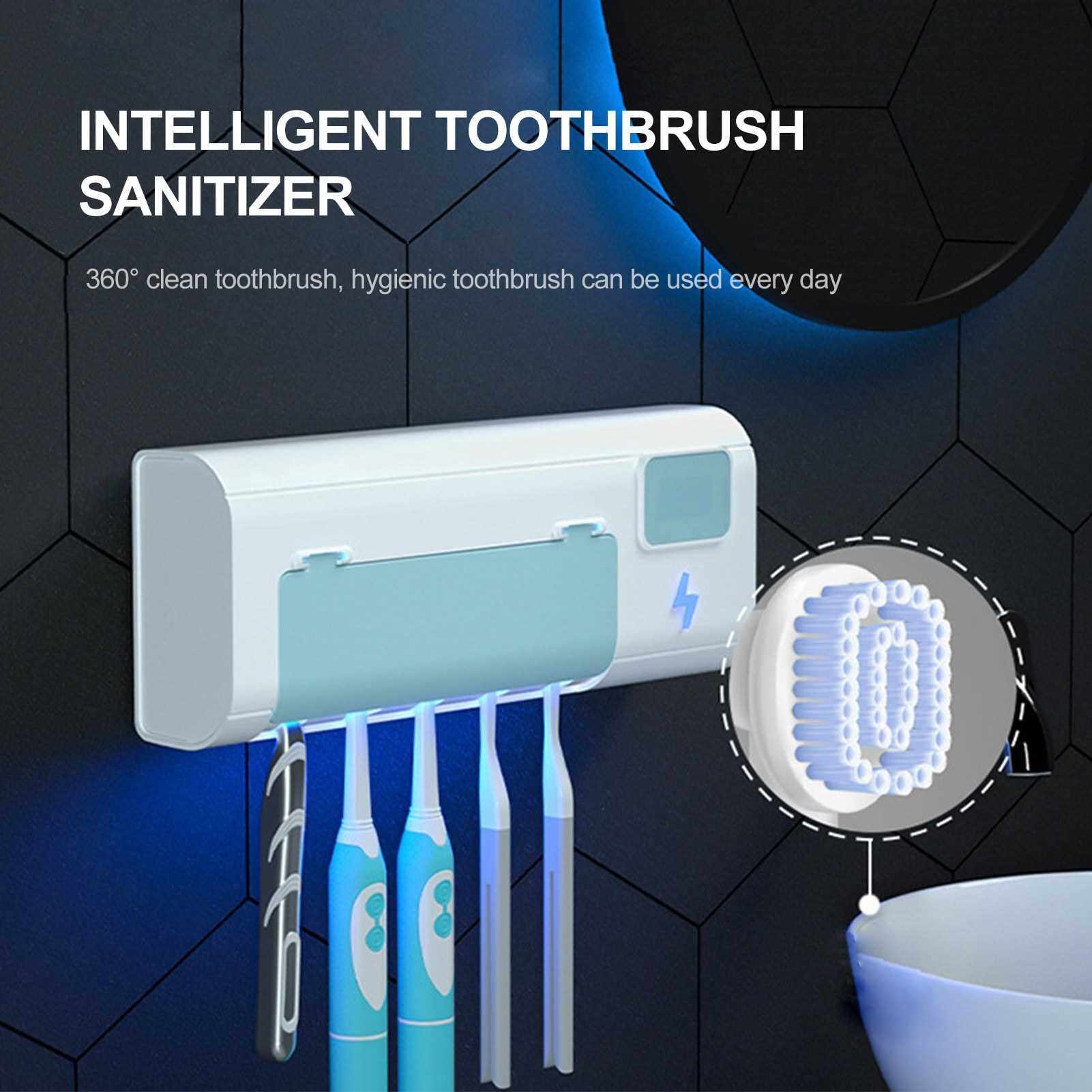 UV Toothbrush Sanitizer Intelligent Toothbrush Sanitizer Wall Mounted Bathroom Toothbrush Holder with Timing Function USB Charging for Toothbrush Organizer for Ladies Baby Family (Blue)