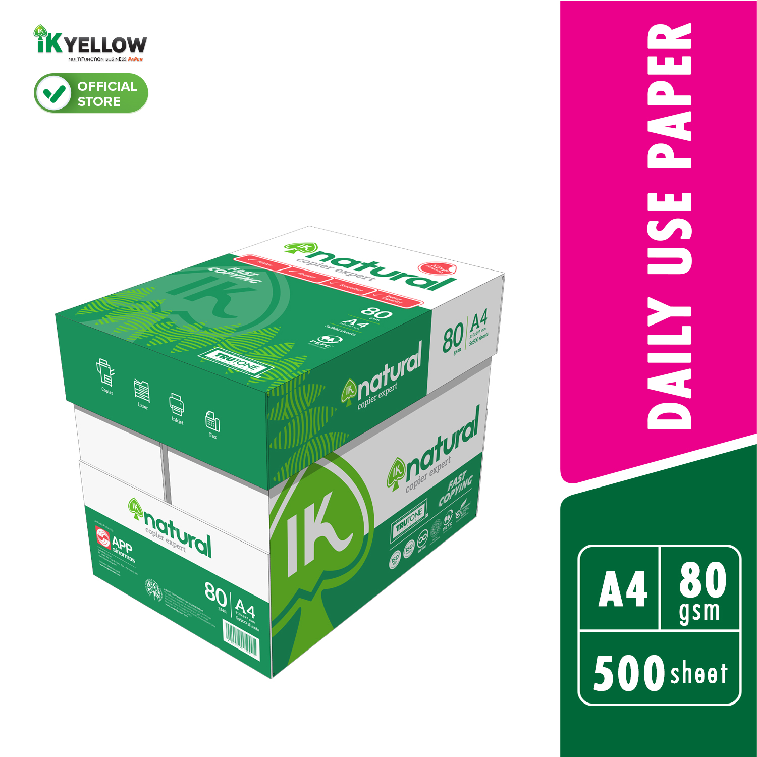 IK Natural 500s 80gsm A4 paper 1 Carton box (5 Reams) (500 sheets/ream)