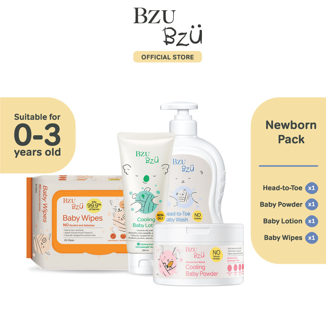 BZU BZU Newborn Pack (Head to Toe Baby Wash 600ml + Baby Lotion 200ml + Baby Powder 140g + Baby Wipes 80 pcs)