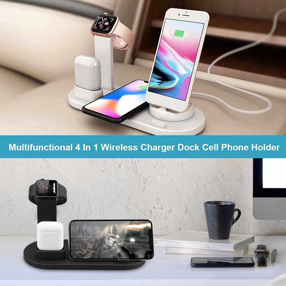 Best Selling Multifunctional 4 In 1 Wirelessly C-harger Dock Cell Phone Holder Rotatable Base Deisgn Stand Replacement for AirPods/ A-pple Watch/ i-Phone Portable (Black)