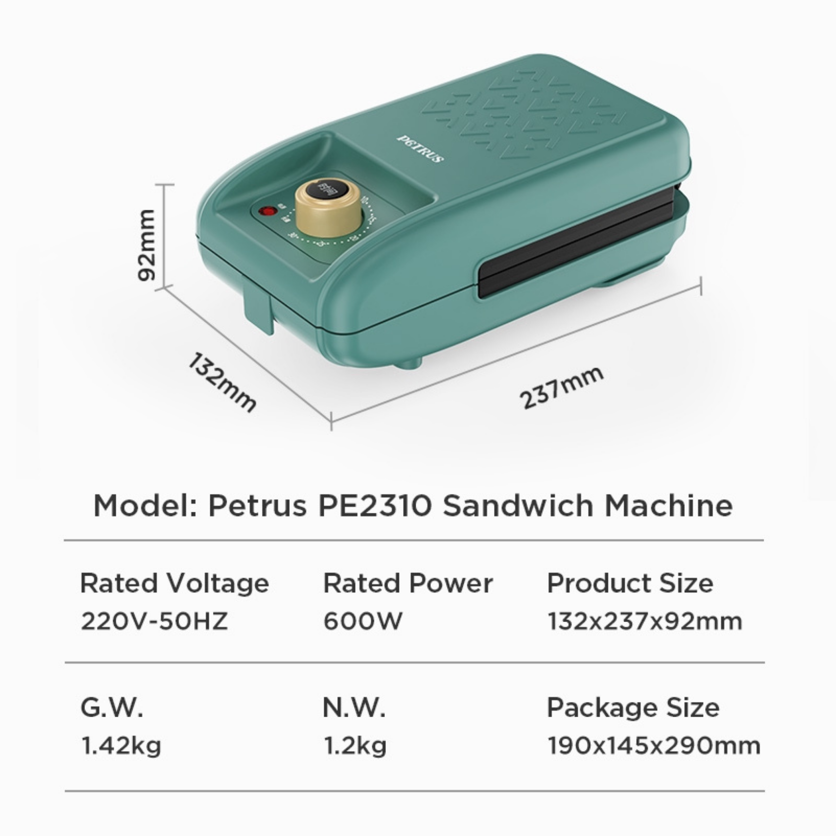 Petrus Sandwich Machine | Non-Stick Coating | Double-Side Heating | Knob Control