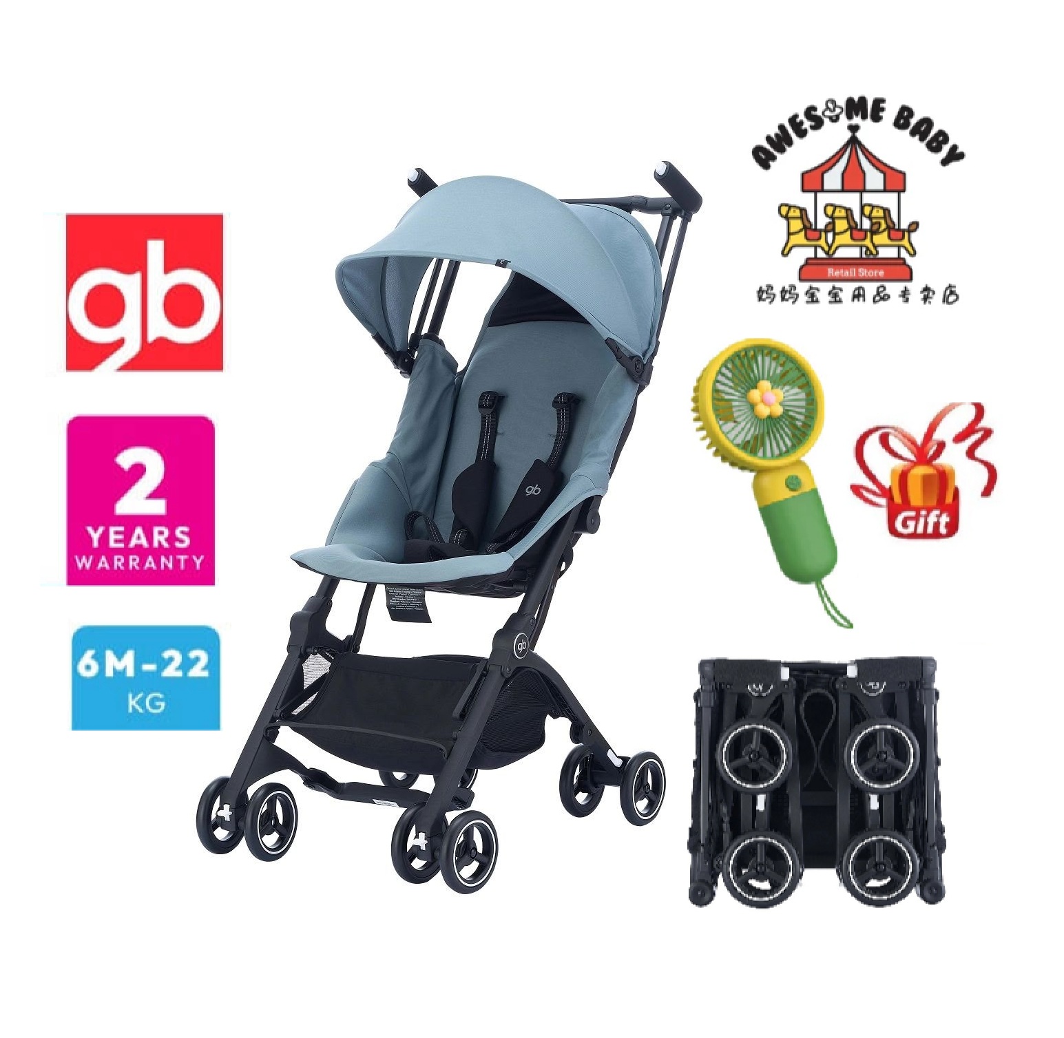 GB Pockit+ All Terrain Lite Stroller Black / Blue (6 months to 22kg) Cabin Size Compact Stroller + FREE Portable Fan