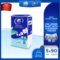 Vinda Deluxe Soft Pack Facial Tissue Medium Size (5x90s) - Strong Even When Wet