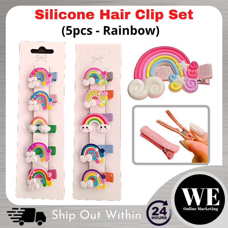 (Ready Stock) 5pcs/set Little Princess Silicone Hair Clip - Unicorn Rainbow Cartoon Ice-cream Fruits Cute Baby Girl Kid Children Hair Clip Pengepit Rambut Kanak-kanak Anak Perempuan