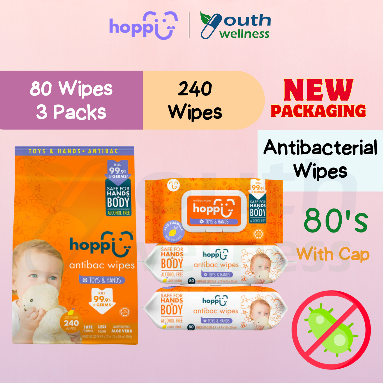 Hoppi Premium Baby Antibacterial Wet Wipes (20’s / 80’s) Lemon Scent