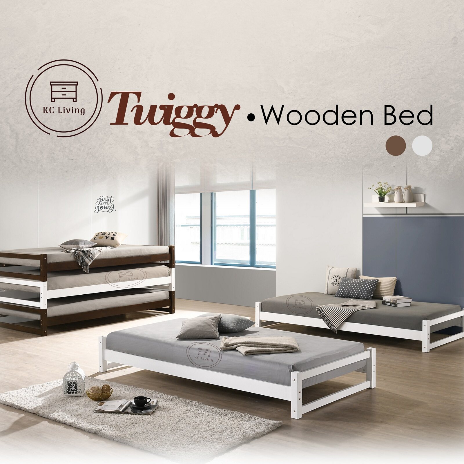 [KCL] Twiggy Single Wooden Bed / Solid Rubber Wood / 3' / 3 feet / Space Saving / Stackable / Brown and White Color / Twiggy Katil Single / Kayu Getah Solid / 3 kaki / Jimat Ruang / Warna coklat dan putih
