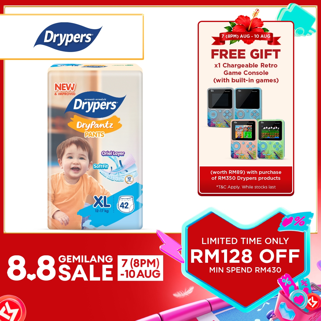 Drypers Drypantz Baby Diapers M58/L48s/XL42s/XXL36s/XXXL20s/XXXXL18s (1 Pack) - Super Dry & Fit