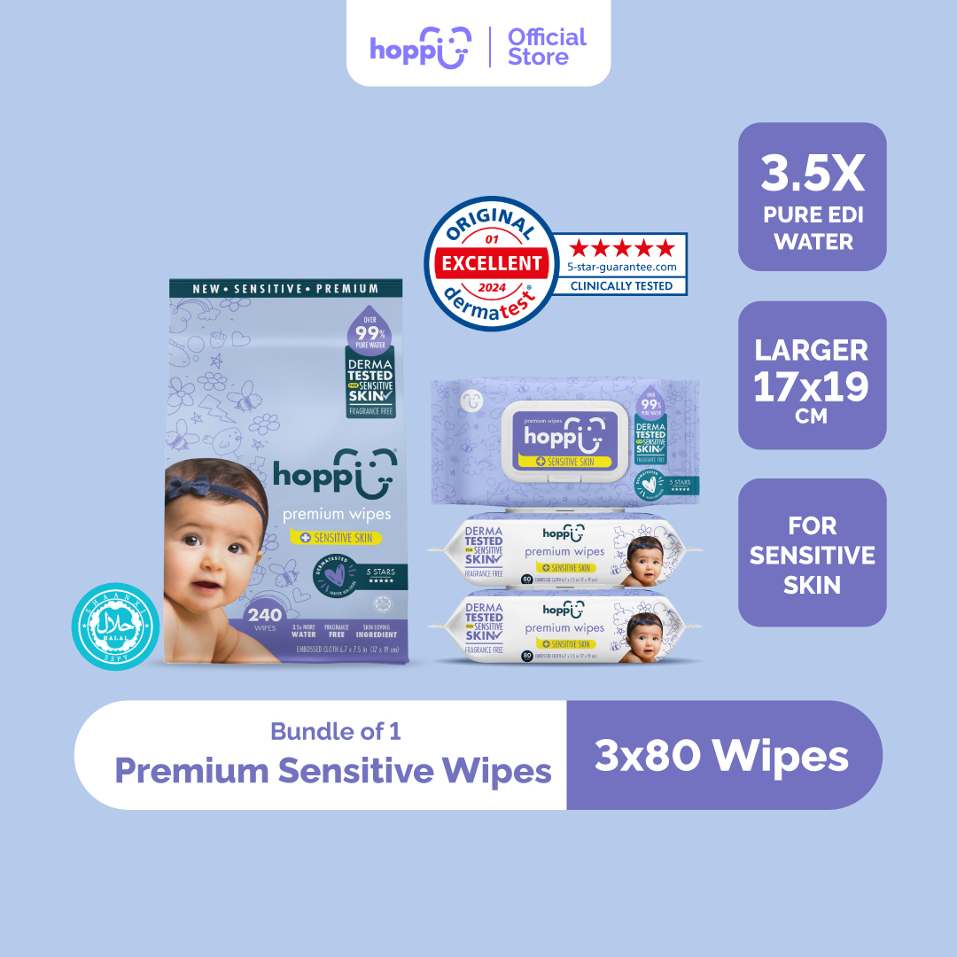 Hoppi Premium Sensitive Wipes [German Dermatologically Tested] with Halal Certified (80 Wipes x 3 Packs)