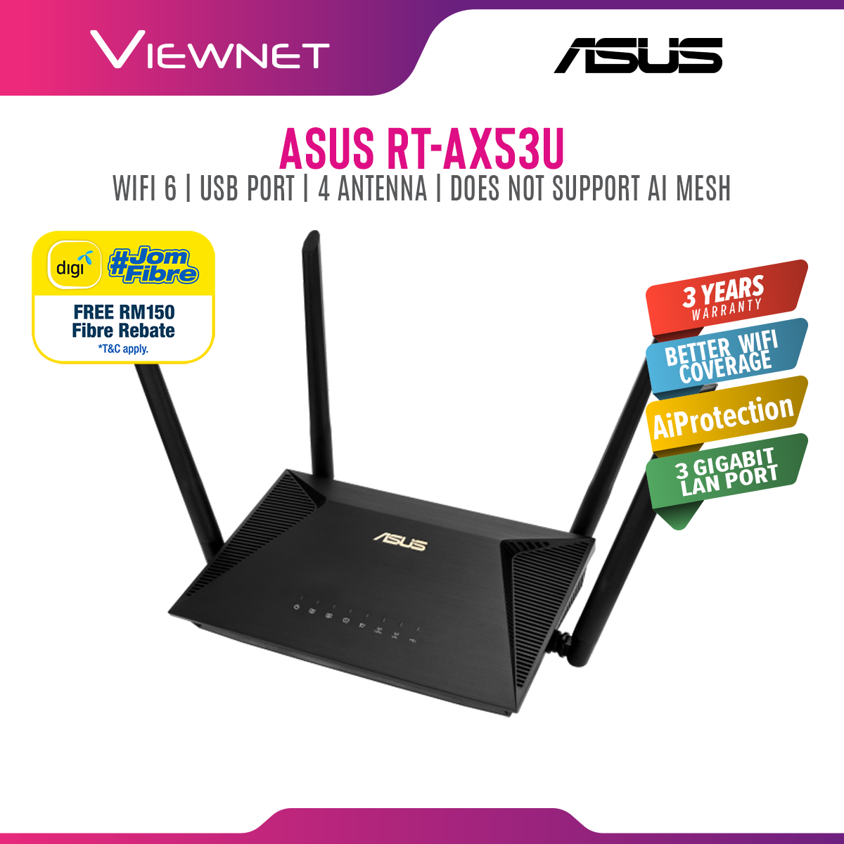 [ðŸš€ NEW / Fast Shipment] ASUS Router RT-AX53U AX1800 Dual Band WiFi 6 Router AI-Mesh MU-MIMO and OFDMA RT AX53 RT-AX53 RT AX53U