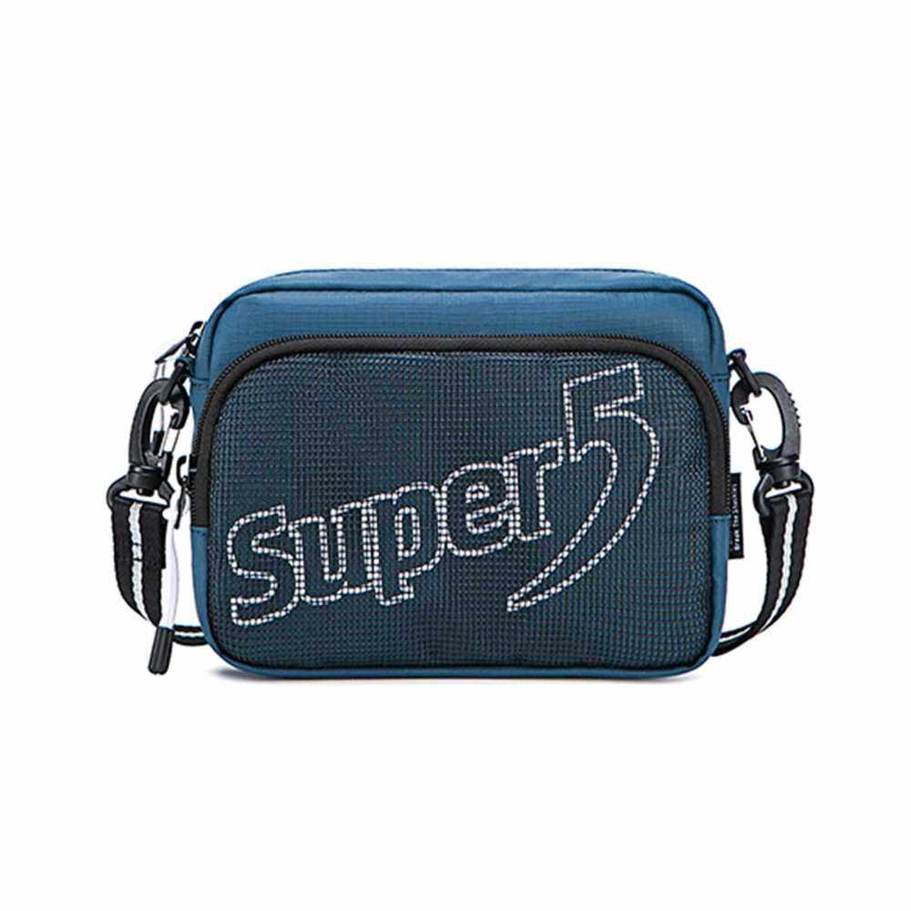 Women Men Mini Crossbody Bag with Pocket Letter Stripe Pattern Zip Handbags Multipurpose Mini Shoulder Bag Purse Mesh Pouch Bag (Blue)