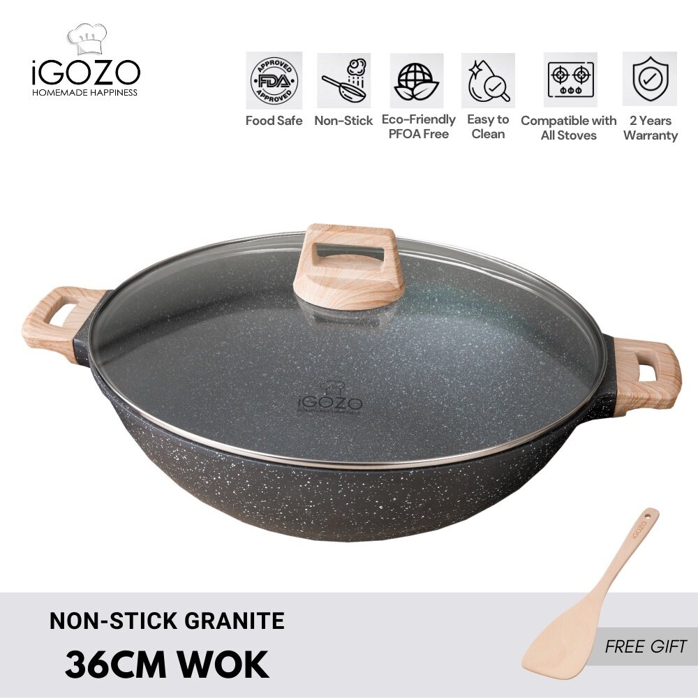 iGOZO 36cm Non Stick Granite Wok + Glass Lid (Free Wooden Spatula)