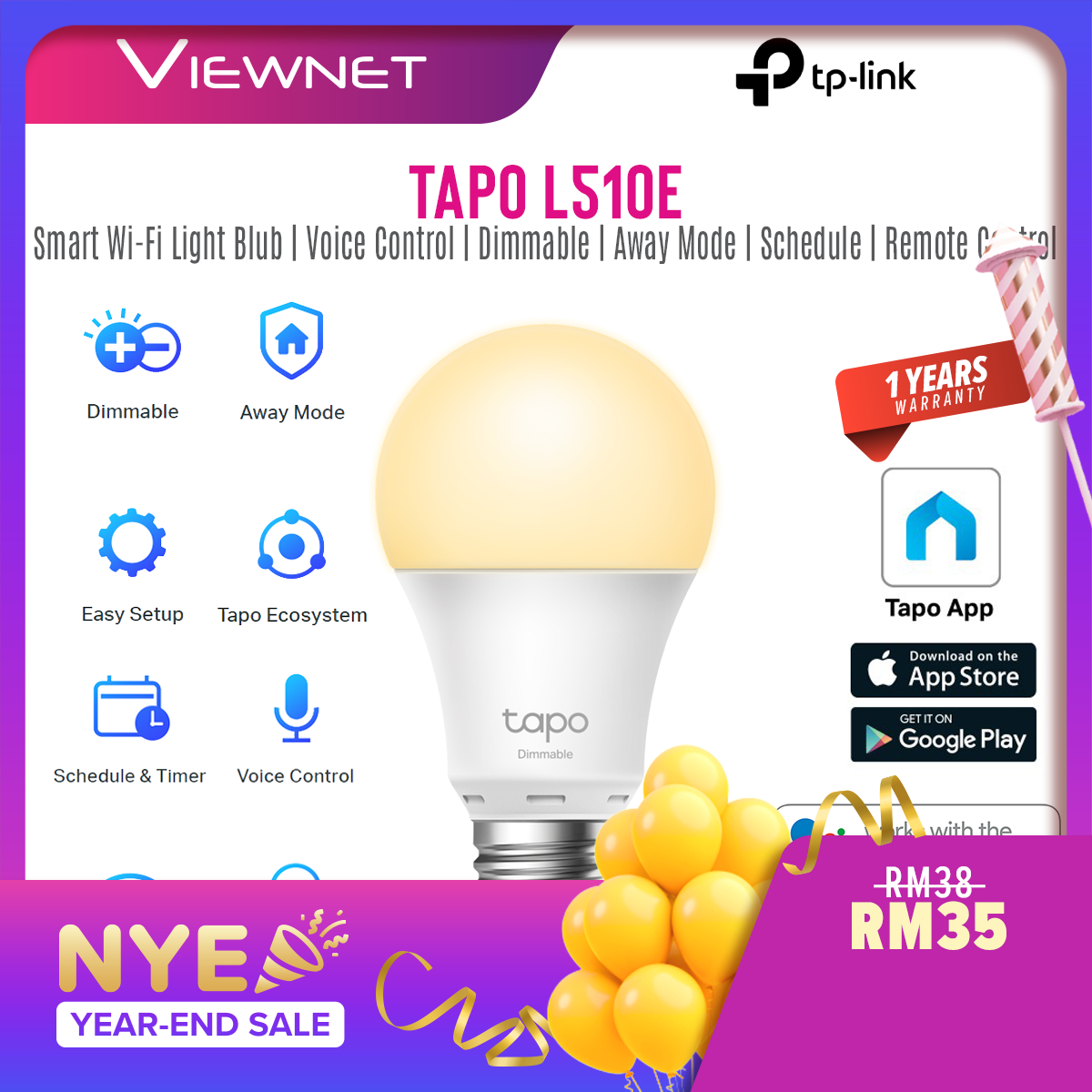 TP-LINK Tapo L510E Smart Bulb with Dimmable, Away Mode, Voice Control, Energy Saving, Tapo Ecosystem, Easy Setup