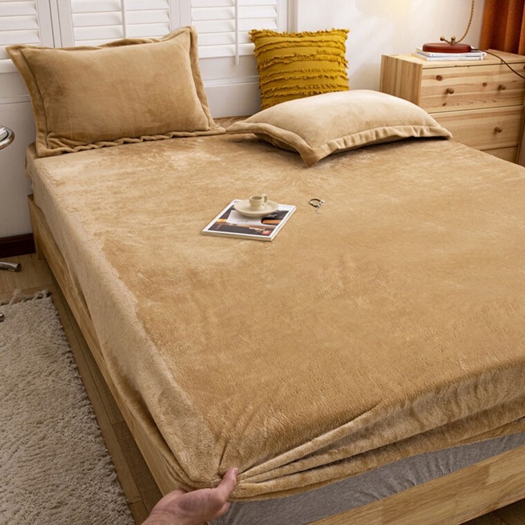{Migu home furnishing} Winter Plush Elastic Fitted Bed Sheets and Pillowcases Set Thicken Soft Warm Double Bed Sheet Mattress Protect Cover 120 150 180