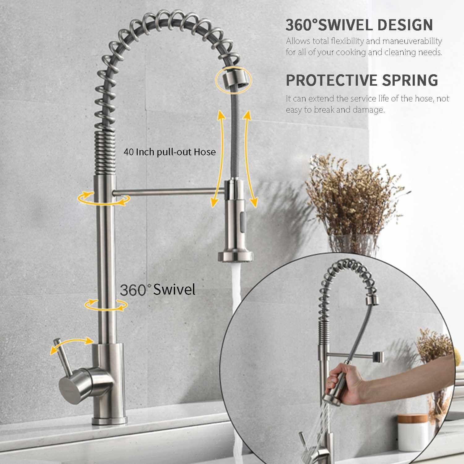 BEST SELLER Full Out Kitchen Faucets with 2 Spray Models 360 Degree Swivel Single Handle Bathroom Sink Faucets Stainless Steel Brushed Finished Water Tap with Adjustable Cold & Hot Water Inlet Hose Ceramic Valve (White)