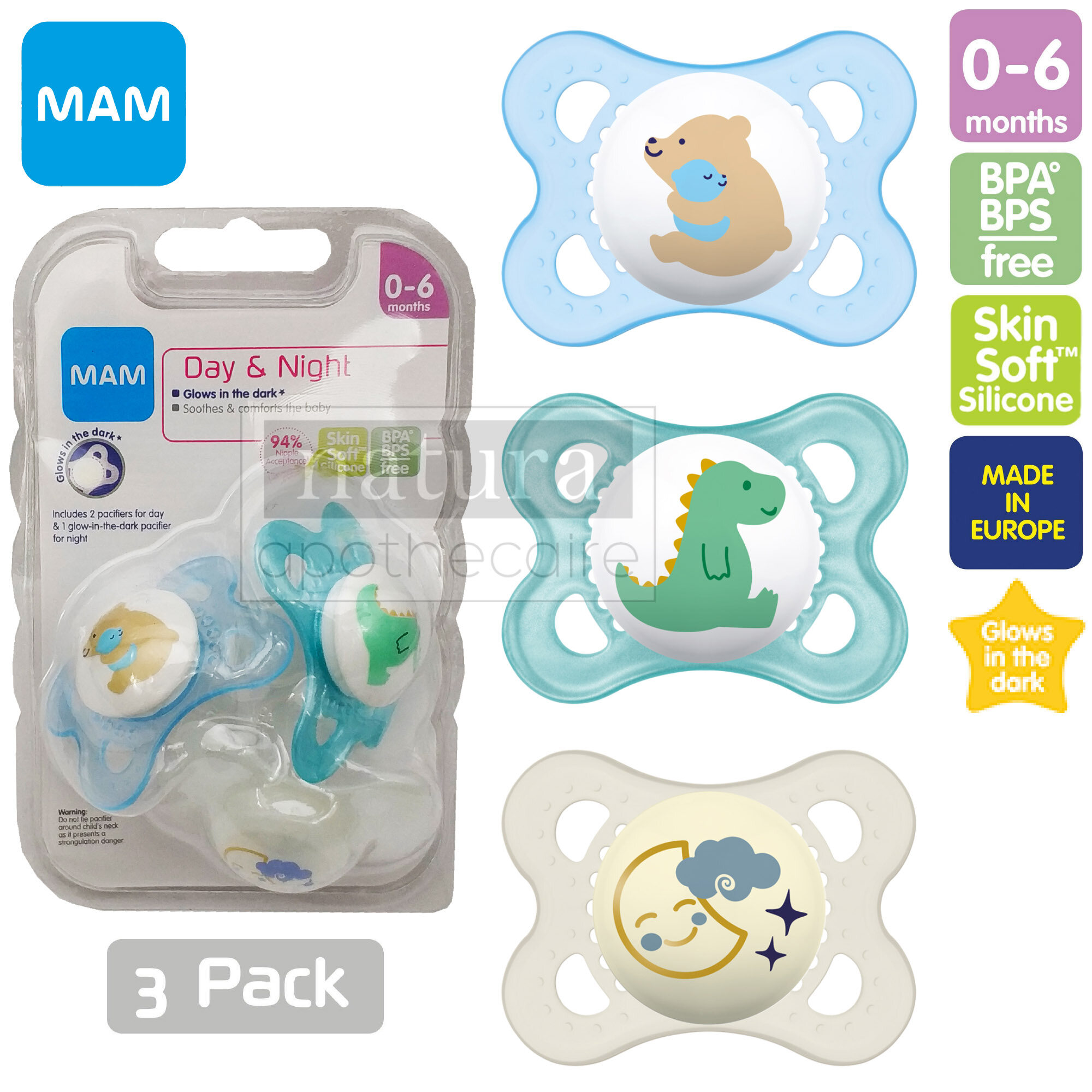 MAM Night Pacifiers 0-6 Months With Clips - Glow In Dark For Breastfed Babies