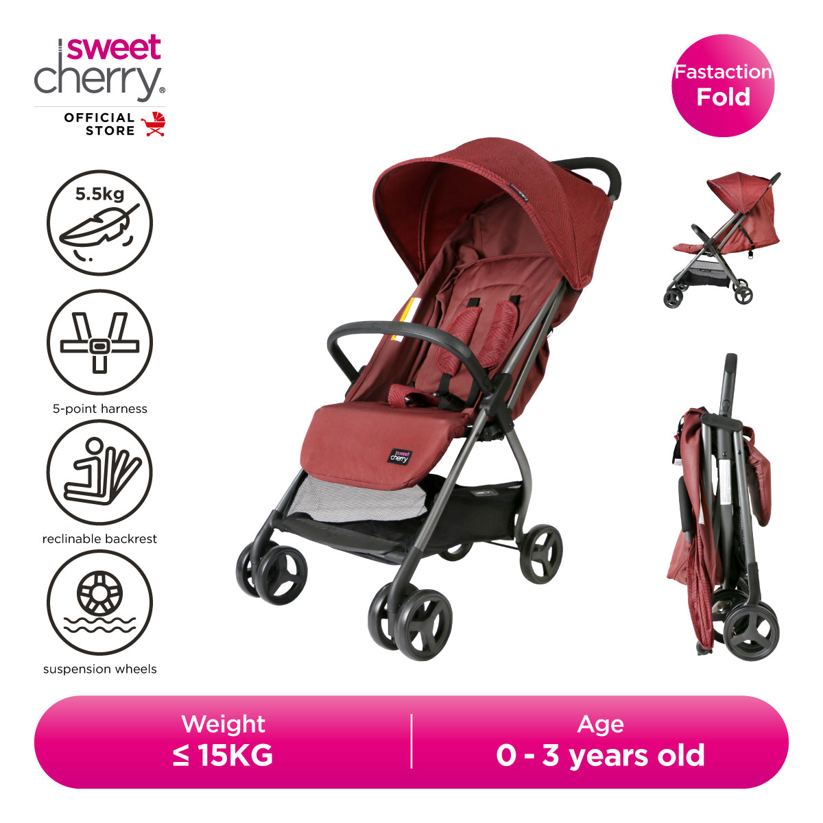 Sweet Cherry Lightweight Compact Folded Baby Stroller LD350A Leto Stroller Suitable for Newborn to 3 Years Old
