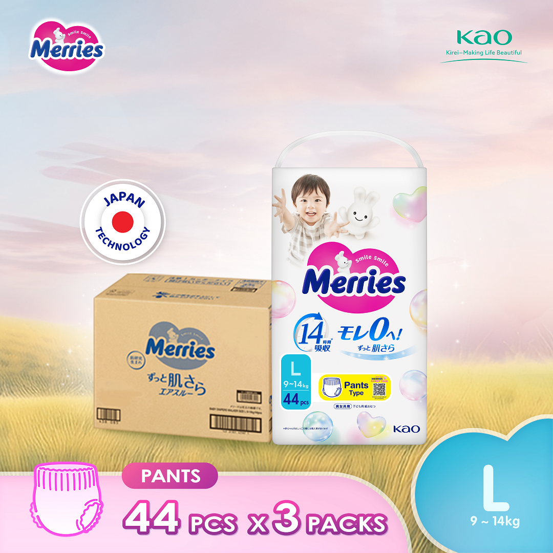 Merries Super Premium Pants Baby Diapers L44 (3 Packs) (9 – 14kg) – Soft breathable and absorbent diapers for baby