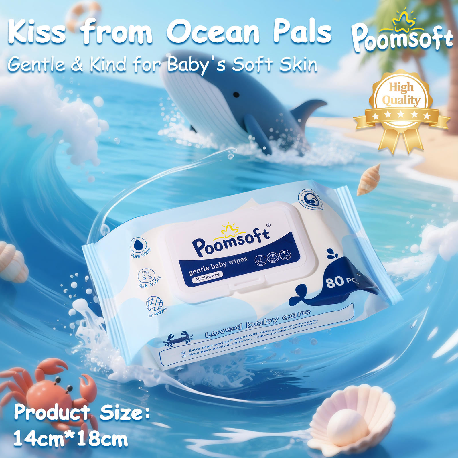 POOMSOFT Non Alcohol Baby Sea Scented Wet Wipes (400 Pcs/5 Pack)