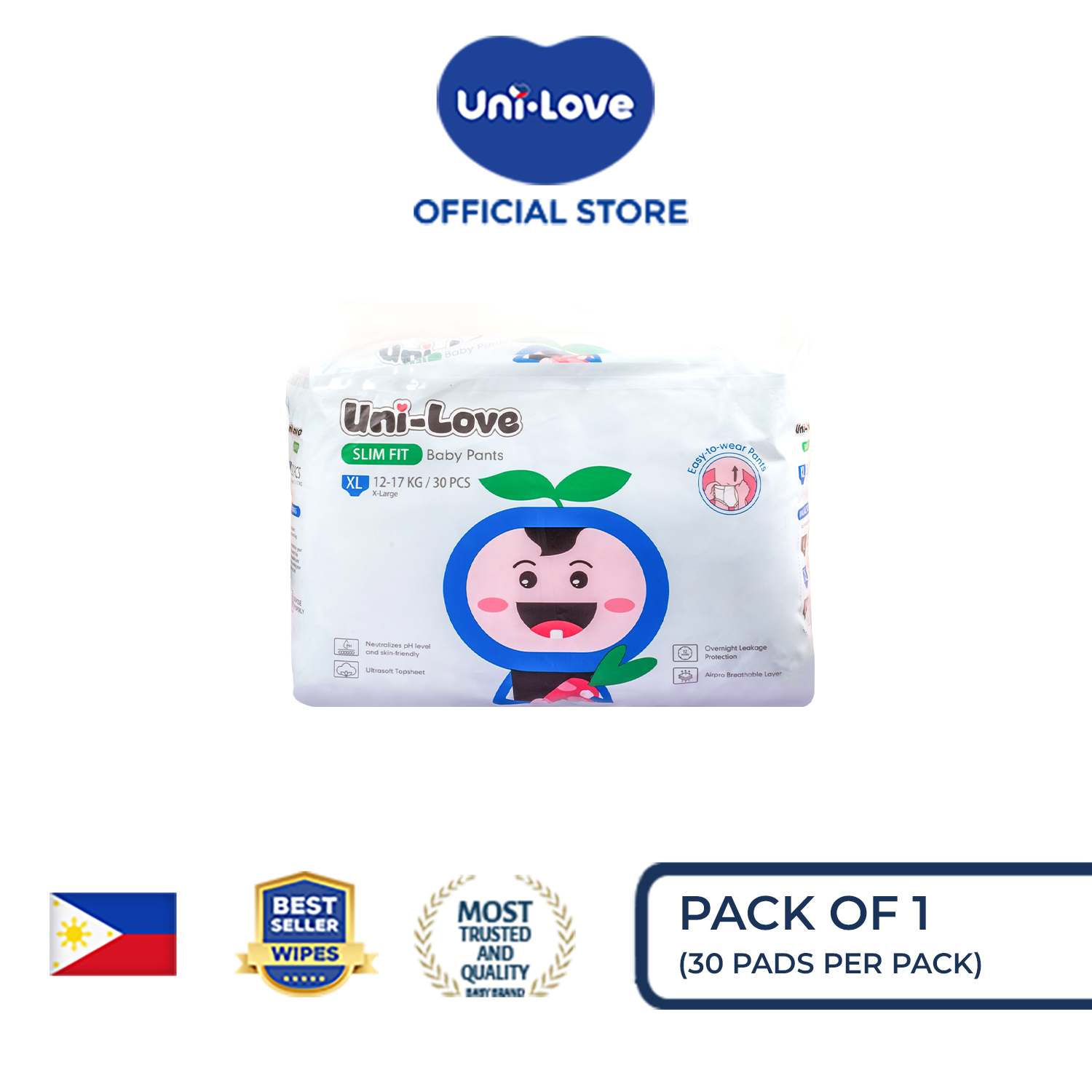 UniLove Slim Fit Baby Pants 30s (X-Large) x1 - Hypoallergenic | Super Absorbent | Ultrasoft | Neutralizes PH Level | Double Leakguard | Pants type | Breathable