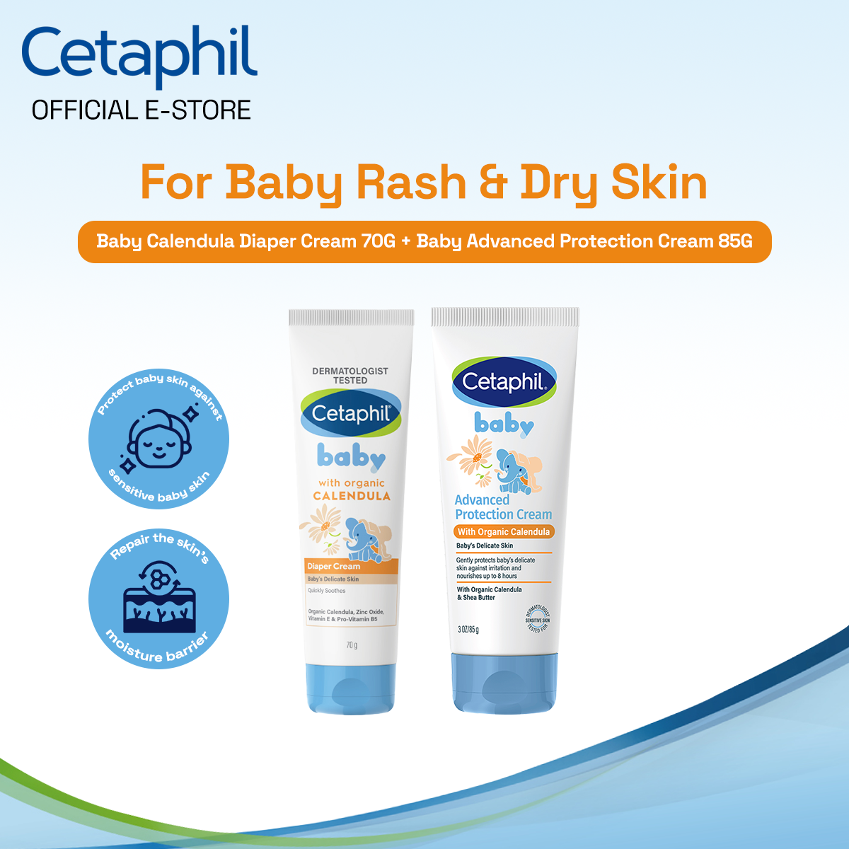 Cetaphil Baby Calendula Duo - For Baby Rash & Dry Skin (Calendula Diaper Cream 70G + Advanced Protection Cream 85G)