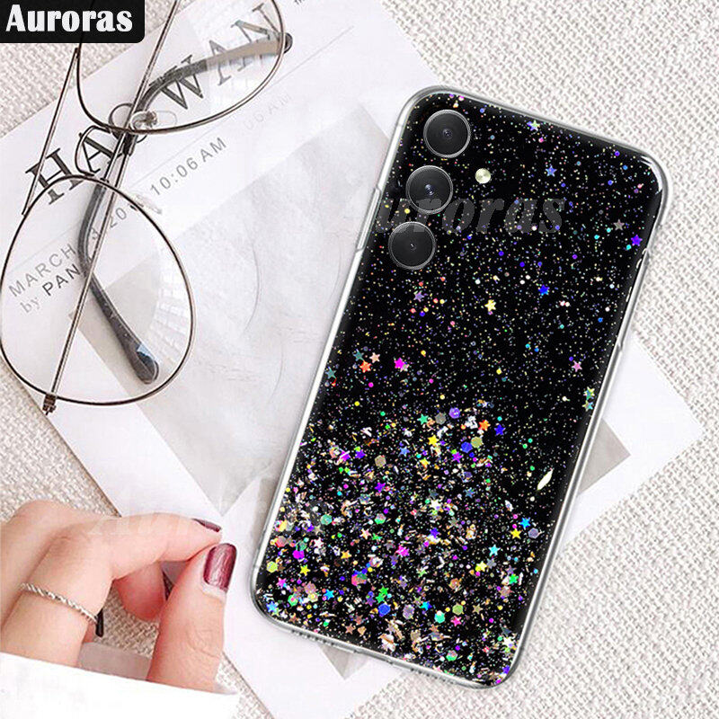 Cho Samsung Galaxy S23 FE trường hợp lấp lánh kim tuyến Sequins vỏ cho Galaxy S23 FE 23fe Bìa bầu trời đầy sao trong suốt Ốp điện thoại mềm Bìa đầy đủ Sao Mặt Trăng