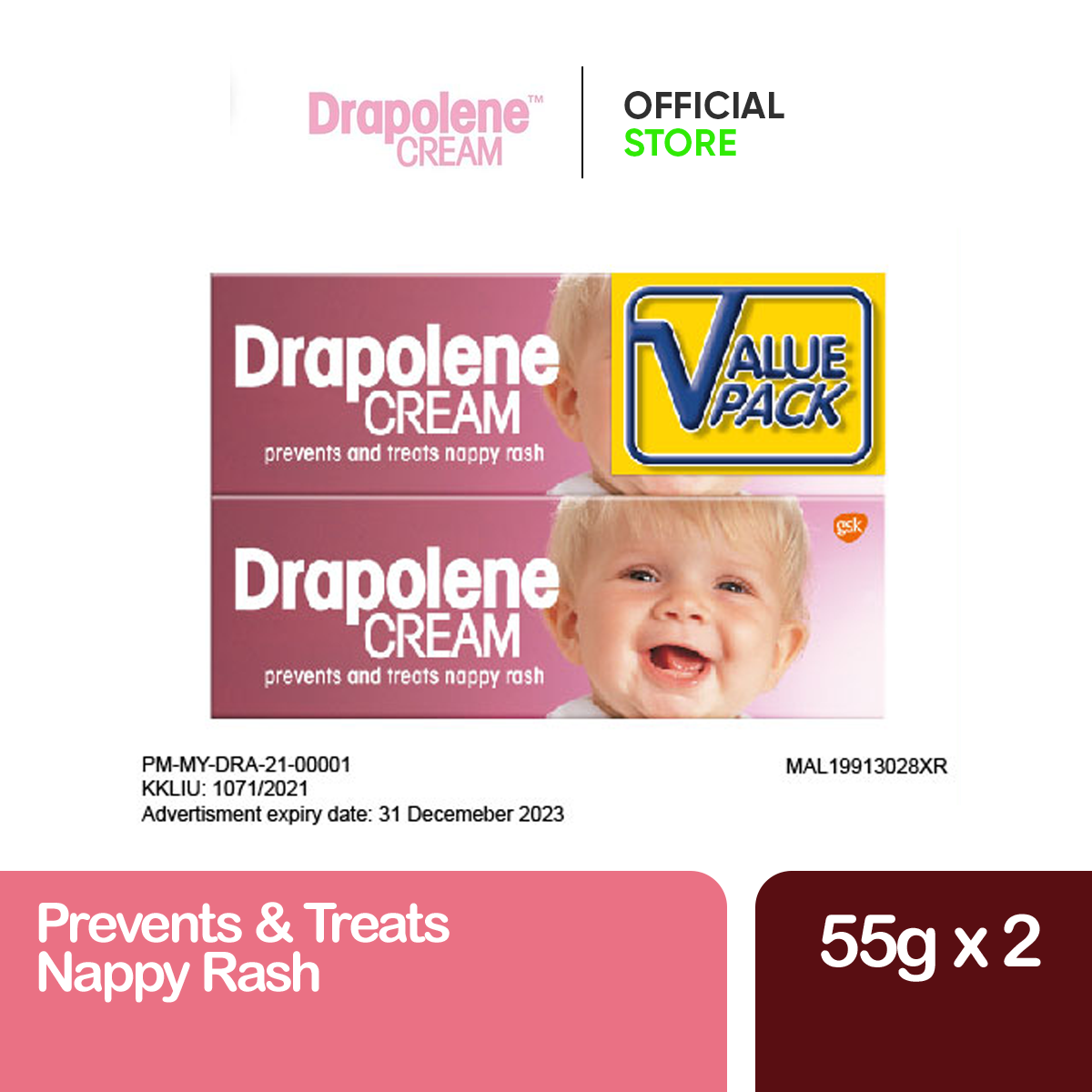 Drapolene Cream Prevents & Treats Nappy Rash Gently Soothes Irritation & Reduce Redness (2 x 55g)
