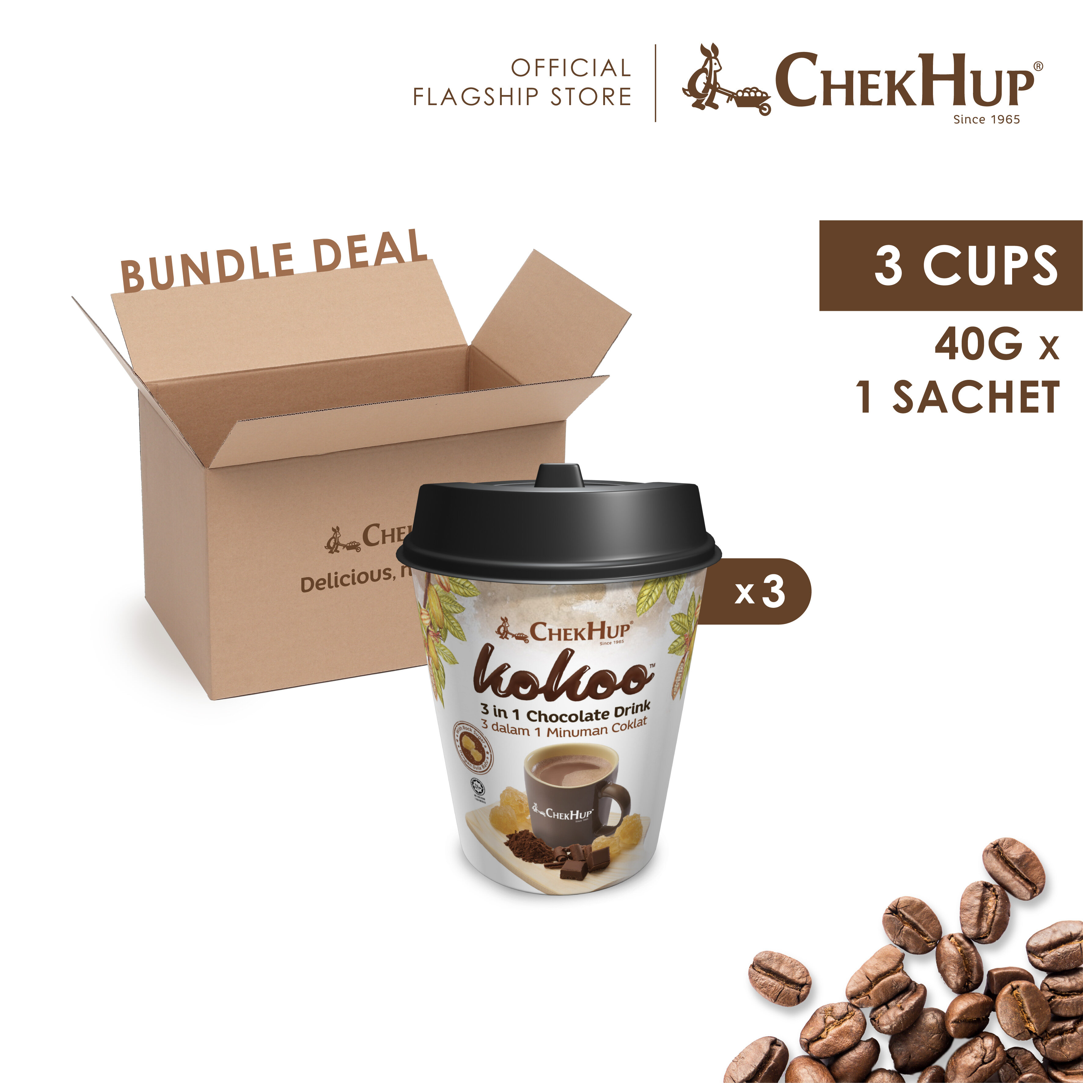Chek Hup Kokoo 3in1 Chocolate Drink (40g x 3 Cups)  [Bundle of 3]