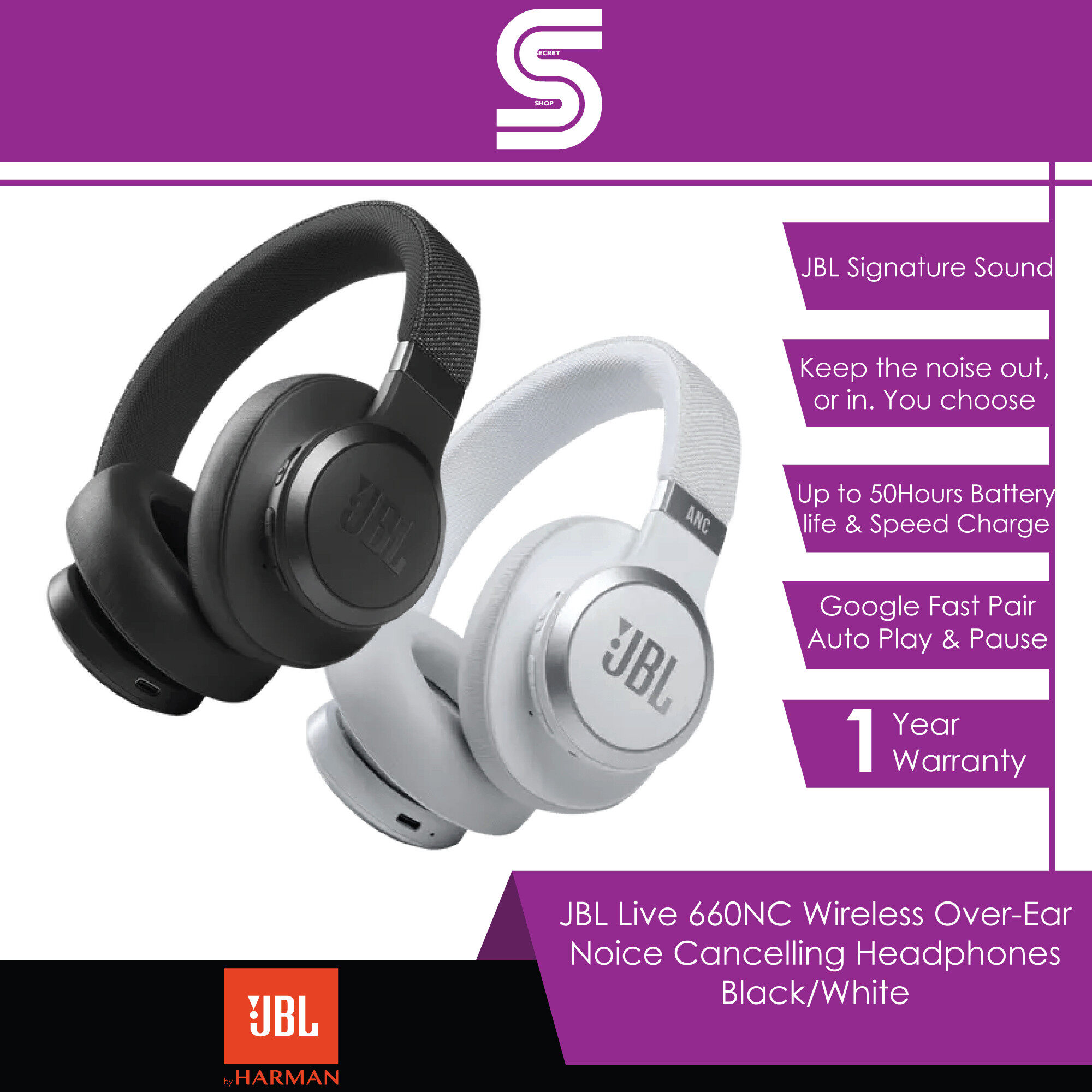 JBL Live 660NC Wireless Over-Ear NC Headphones - Black/White