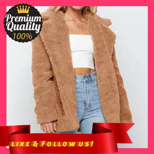 People's Choice Women Faux Fur Coat Jacket Warm Fleece Long Sleeves Notched Lapel Collar Solid Vintage Furry Casual Long Overcoat Outwear (Khaki)