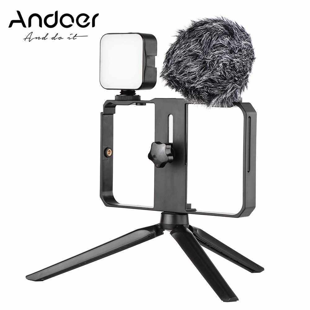 Andoer Smartphone Video Cage Kit Including 2pcs Mini LED Fill Lights + Mini Microphone with Shock Mount Wind Screen + Handheld Smartphone Video Bracket 3 Cold Shoe Mounts + Mini Desktop Tripod Stand for Phone Video Recording Live Streaming (Standard)