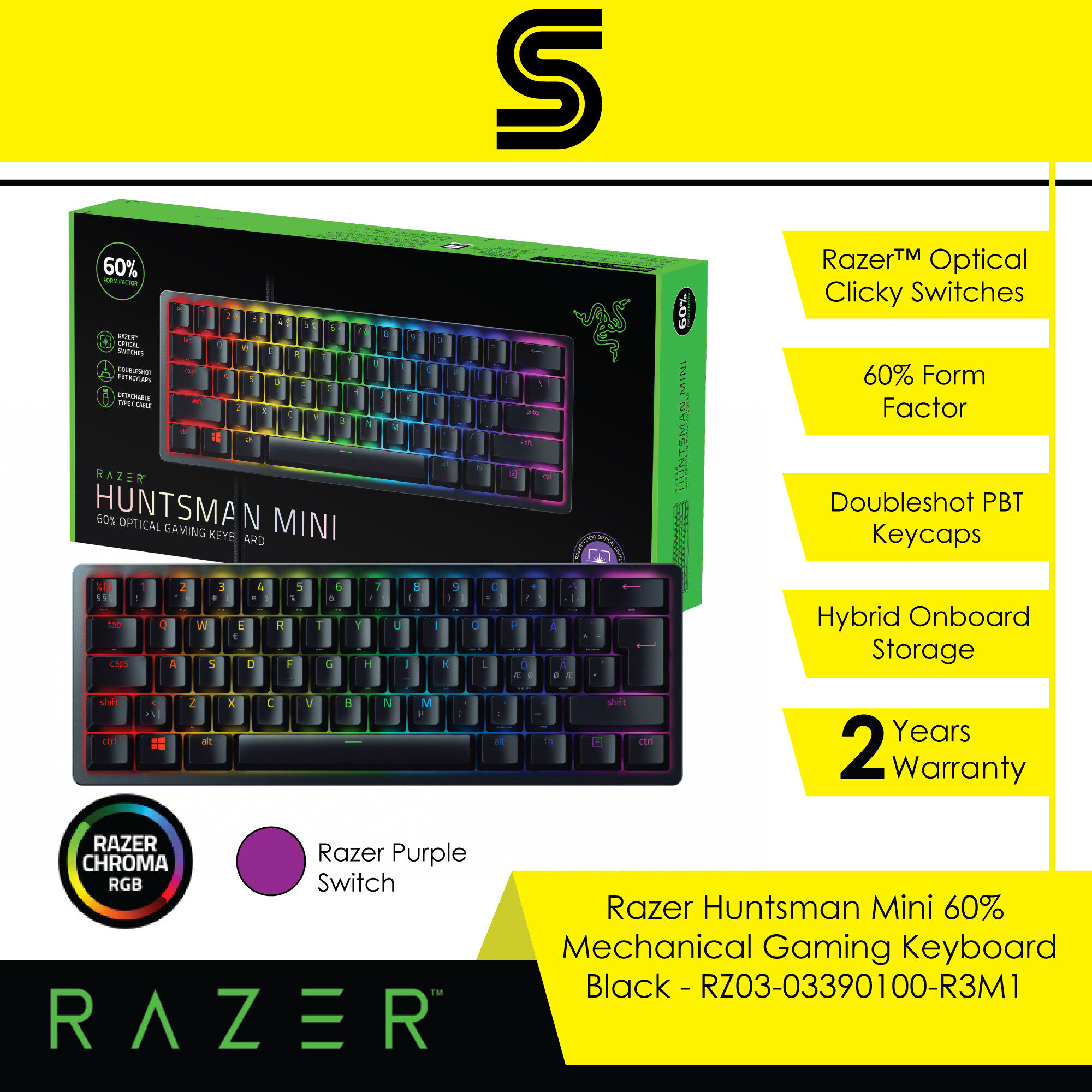 Razer Huntsman Mini 60% Mechanical Gaming Keyboard - Black - Purple Switch - RZ03-03390100-R3M1