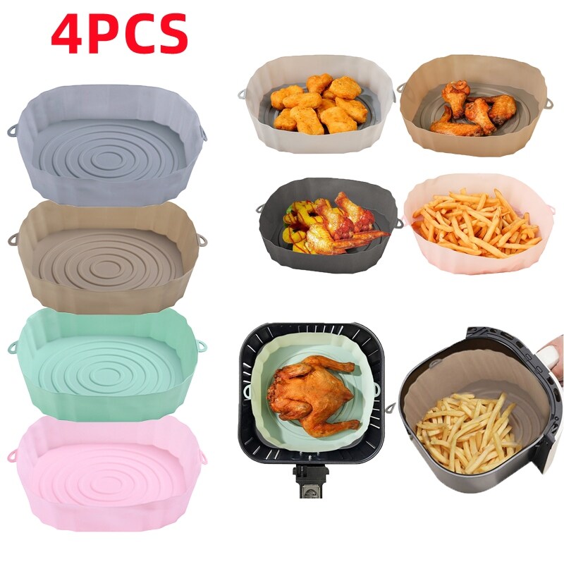【Baking Trays Pans】】4PCS Silicone Air Fryer Basket Airfryer Oven Baking Tray Pizza Fried Chicken Reusable Pan Liner Kitchen Accessories