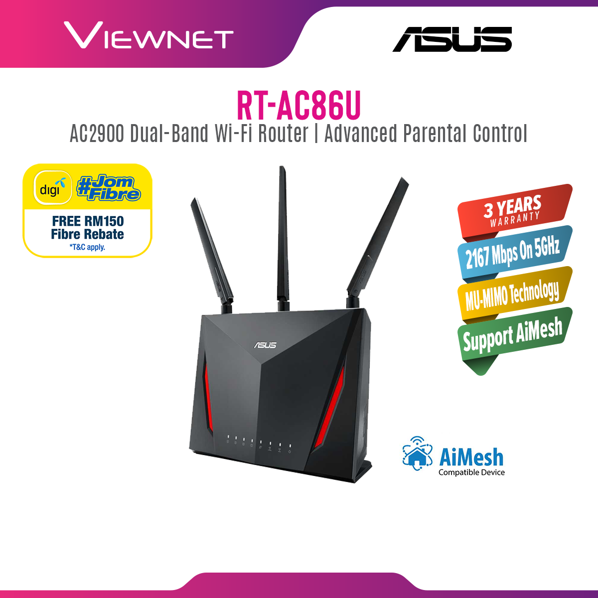 Asus RT-AC86U AC2900 AI Mesh Dual Band Gigabit WiFi Gaming Router