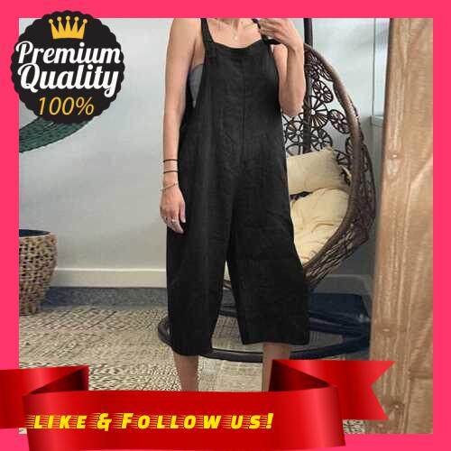 People's Choice Women Vintage Jumpsuits Cropped Pants Adjustable Shoulder Straps Pockets Wide Leg Romper Casual Playsuits Plus Size (Black)