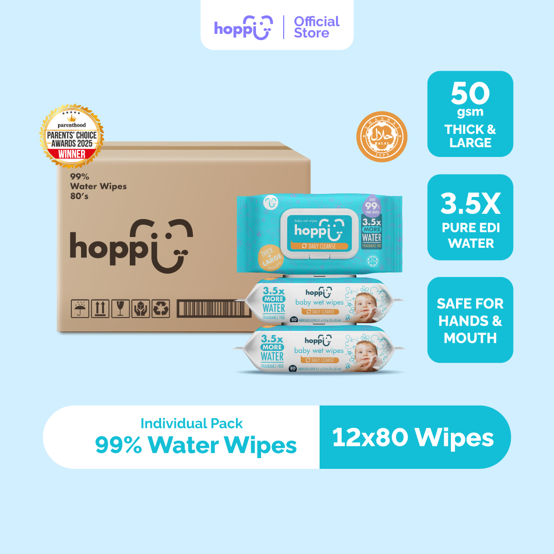[CARTON] Upgraded Formula Hoppi Premium 99% Baby Water Wipes (80 Wipes x 12 Packs)