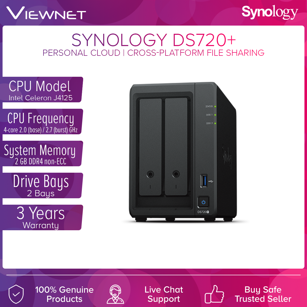 Synology DS720+ NAS DiskStation 2Bays NAS QuadCore Processor Data