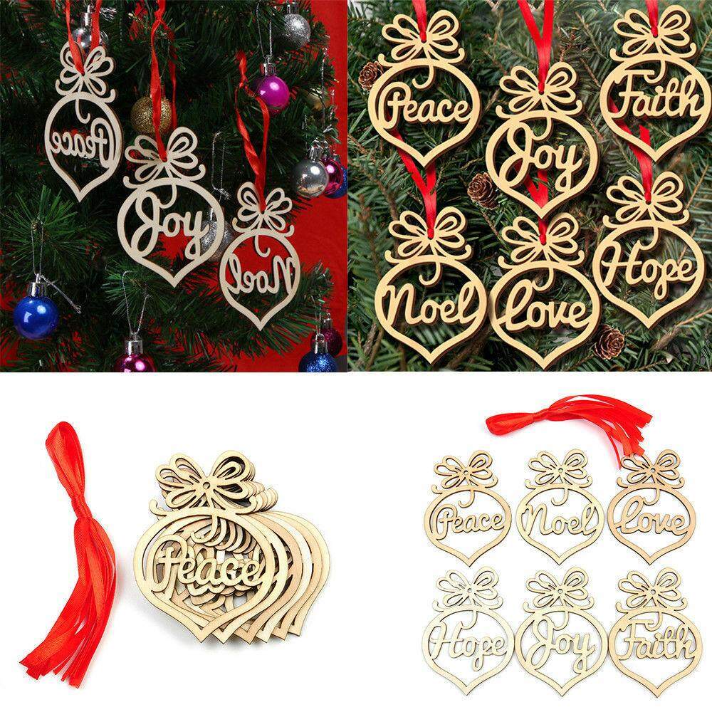 6Pcs Christmas Wooden Hollow Ornaments / Feace Letter Pattern Pendant / Christmas Holiday Wedding Decorations / Xmas Tree Hanging Tags Crafts Pendant Decor