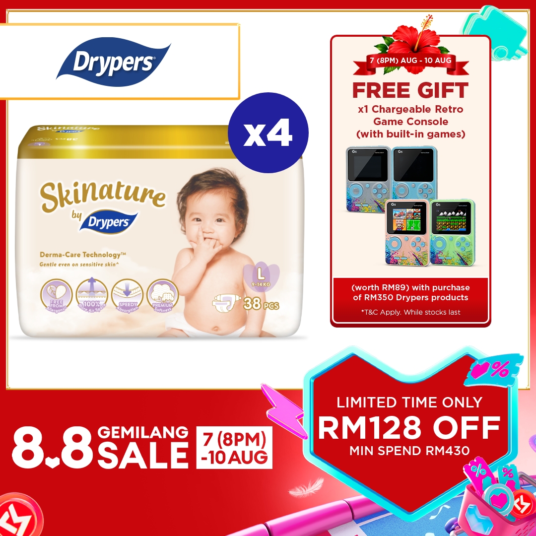 Skinature by Drypers Baby Tape Diapers NB66/ S58/ M44/ L38/ XL32 (4 Packs) - Super Soft & Allergen-free