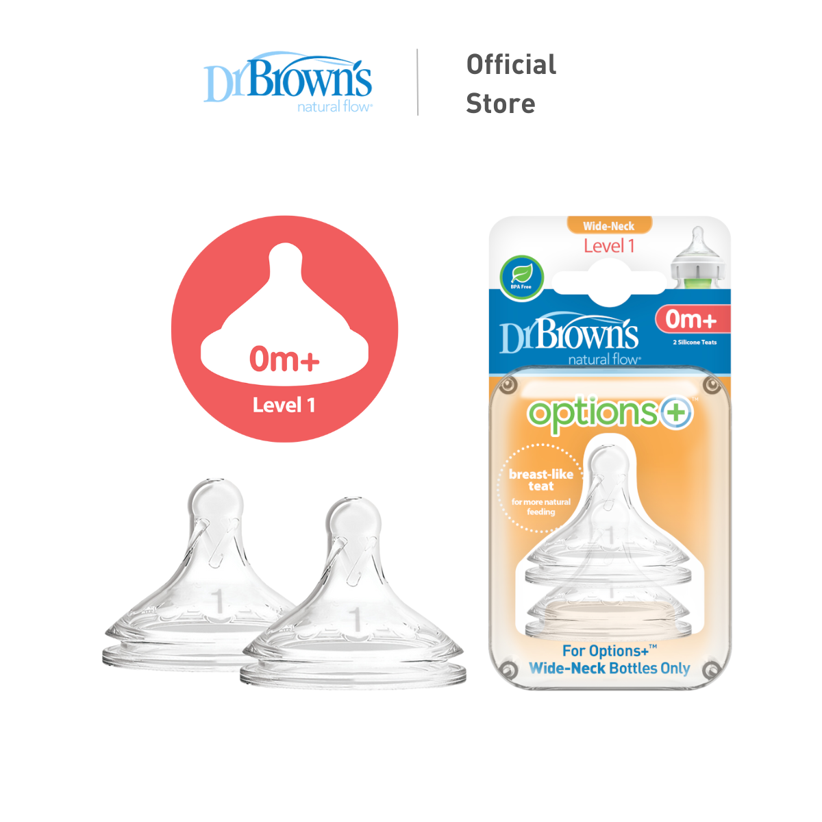 Dr. Browns Options+ Wide Neck Bottle Silicone Nipple/Teat 2 Pieces