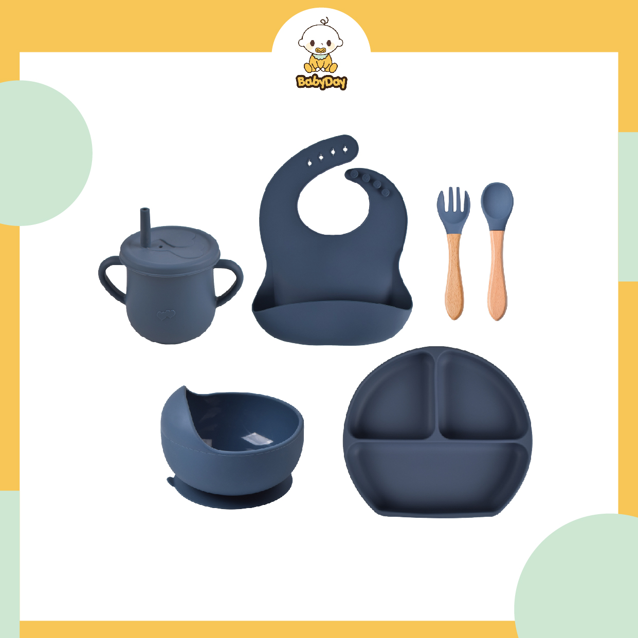 BABYDAY Baby Silicone Dining Set Food Grade Suction Bowl Suction Plate Silicone Bibs Training Dining Tableware