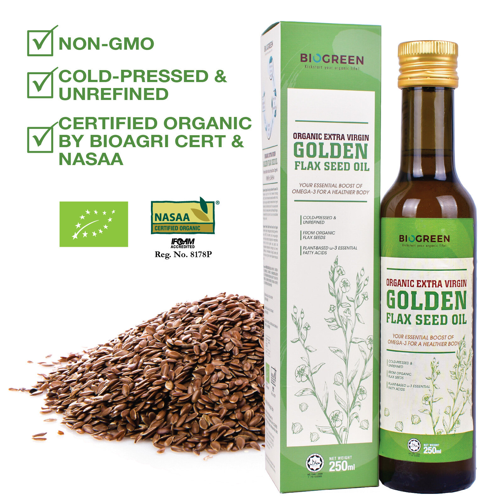 Biogreen Organic Extra Virgin Golden Flaxseed Oil, 250ml