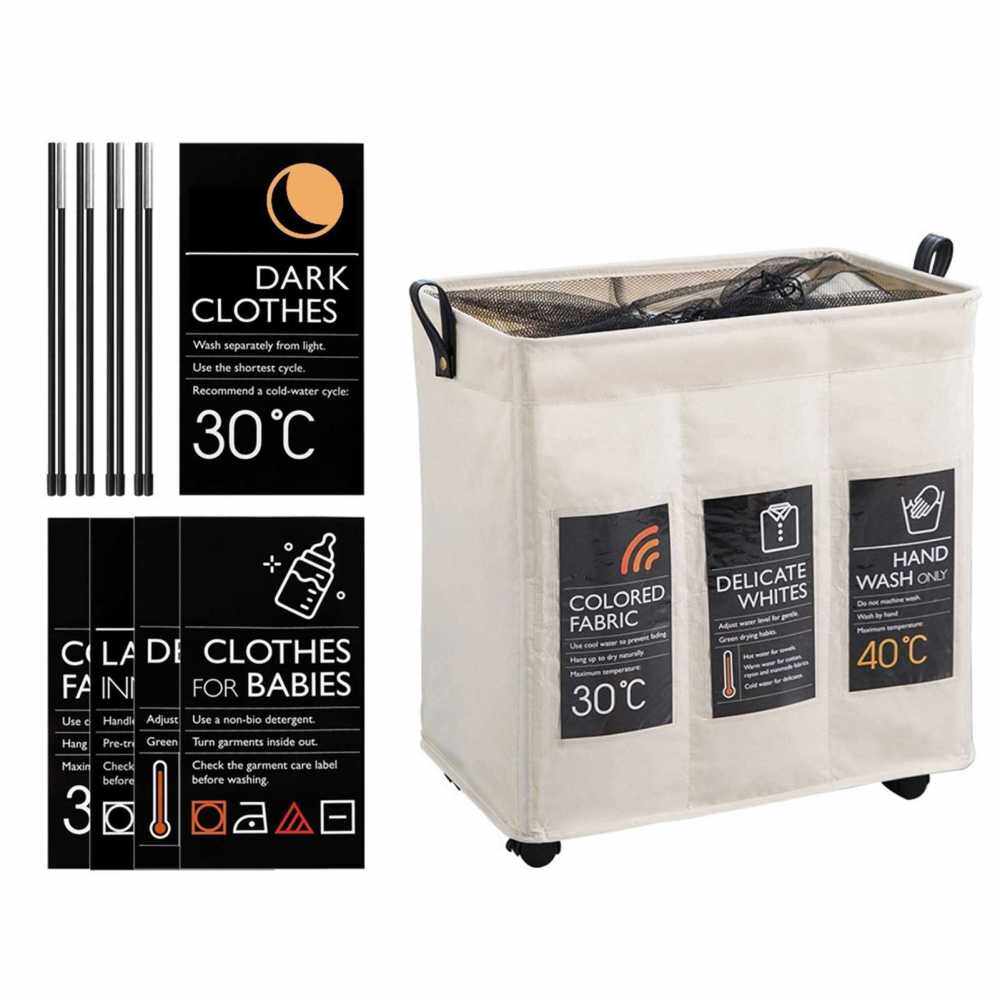 Rolling Slim Laundry Basket 3 Compartments with Universal Wheels and Handle Foldable Oxford Cloth Laundry Hamper Mesh Drawstring Dirty Clothes Organizer with 4 Support Rods 6 Sort Cards (Beige)