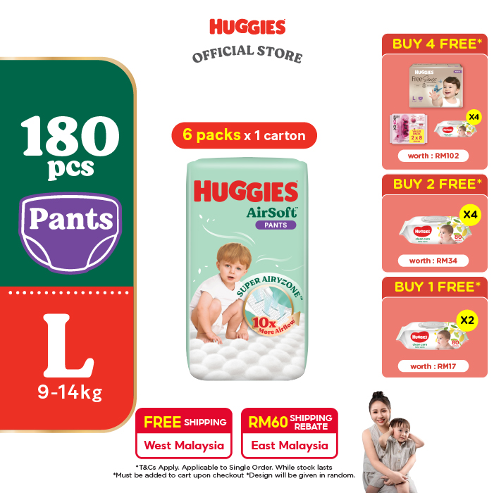 [Peekaboo 03.08 - 05.08] Huggies AirSoft Pants Diapers L30 (6 packs) - Breathable and Soft Premium Diapers for Baby