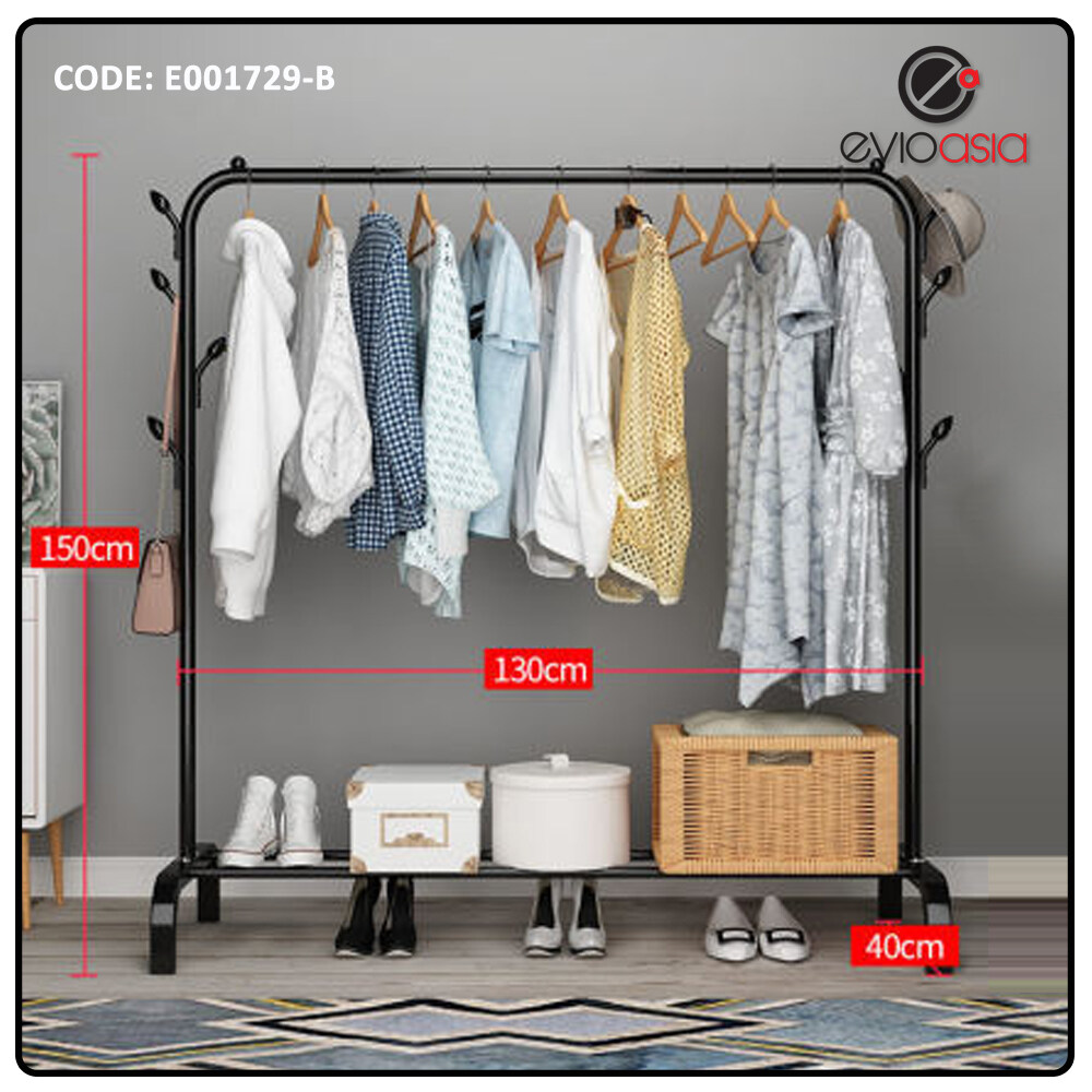 Anti Rust Portable Metal Clothes Drying Rack with Bottom Shelf and Hanger Stopper Rak Baju, Single Pole