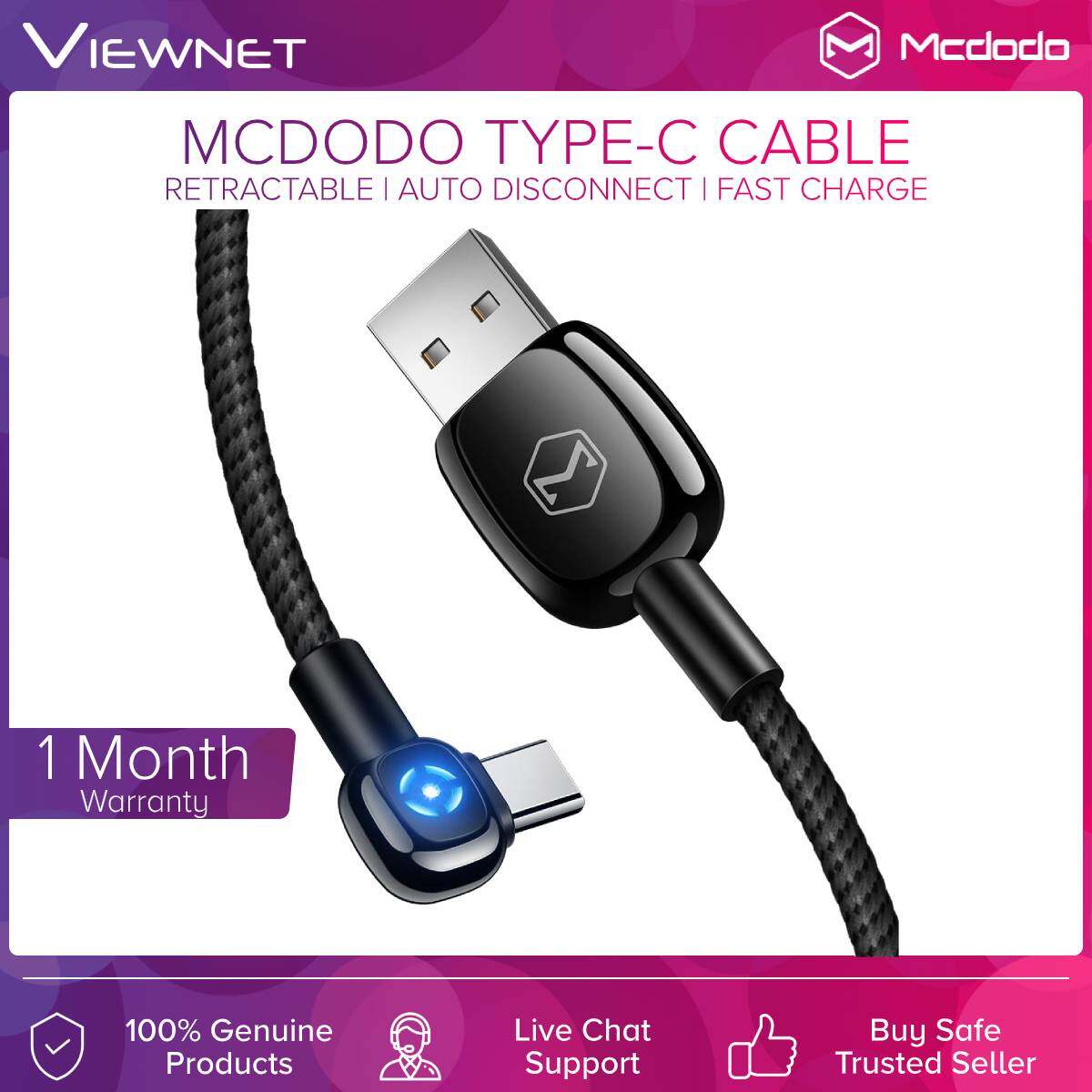 Mcdodo 90Â° Auto Disconnect LED USB Type-C Indicator 1M Black / Red Cable (CA-5920/CA-5921)