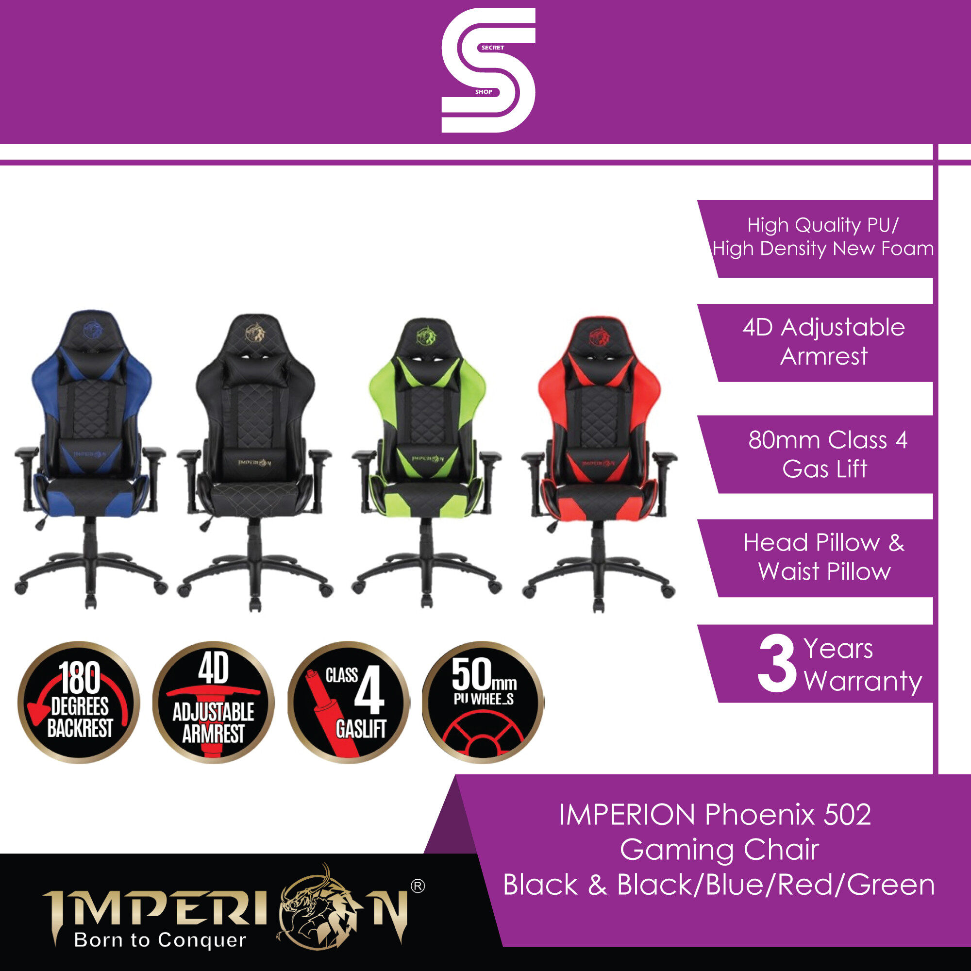IMPERION Phoenix 502 Gaming Chair - Black & Black/Blue/Green/Red
