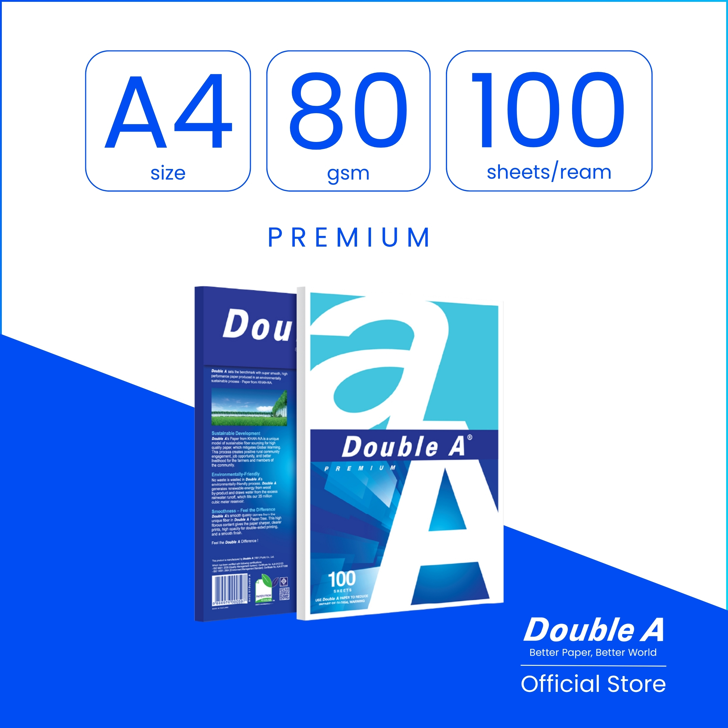Double A 80gsm A4 Size (100 sheets/pack)