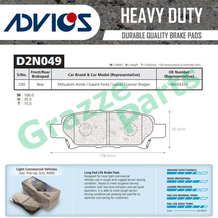 Advics Aisin Heavy Duty Disc Brake Pad Rear D2N049Y for Proton Inspira 1.8 2.0 CY3S CY4S CY4A Mitsub
