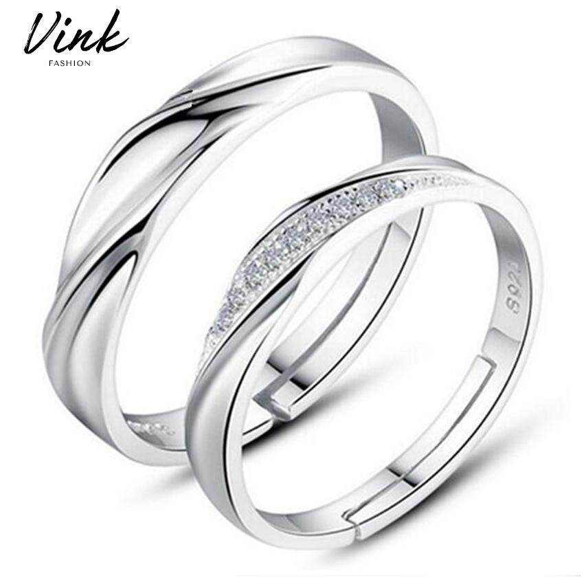 VINK All Diamond Like Crystal 925 Sterling Silver Cubic Zirconia Wedding ROM Couple Rings Set A-E