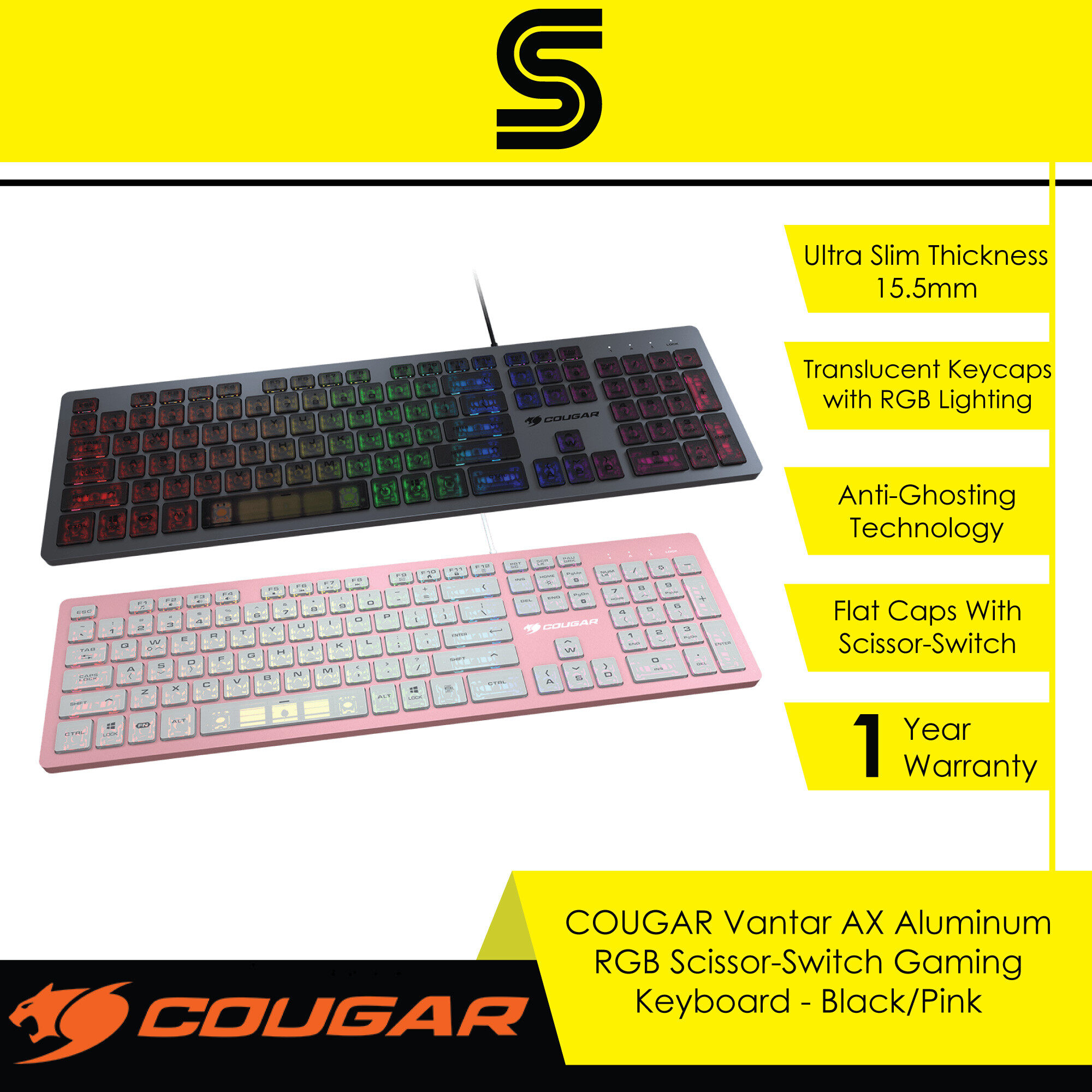COUGAR Vantar AX Aluminum RGB Scissor-Switch Gaming Keyboard - Black/Pink